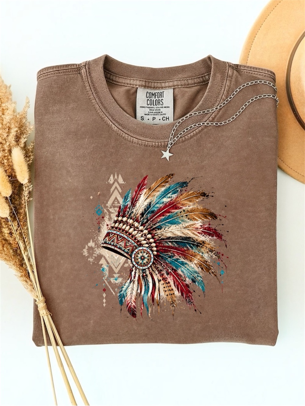 Native Graphic Feather Headdress Tee new made to order S M L XL Brown